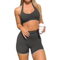 thumbnail image 2 of Workout Sets for Women 2 Piece Wrinkles Halter Sports Bras High Waist Biker Shorts Exercise Gym Yoga Outfit Dark Gray M, 2 of 9