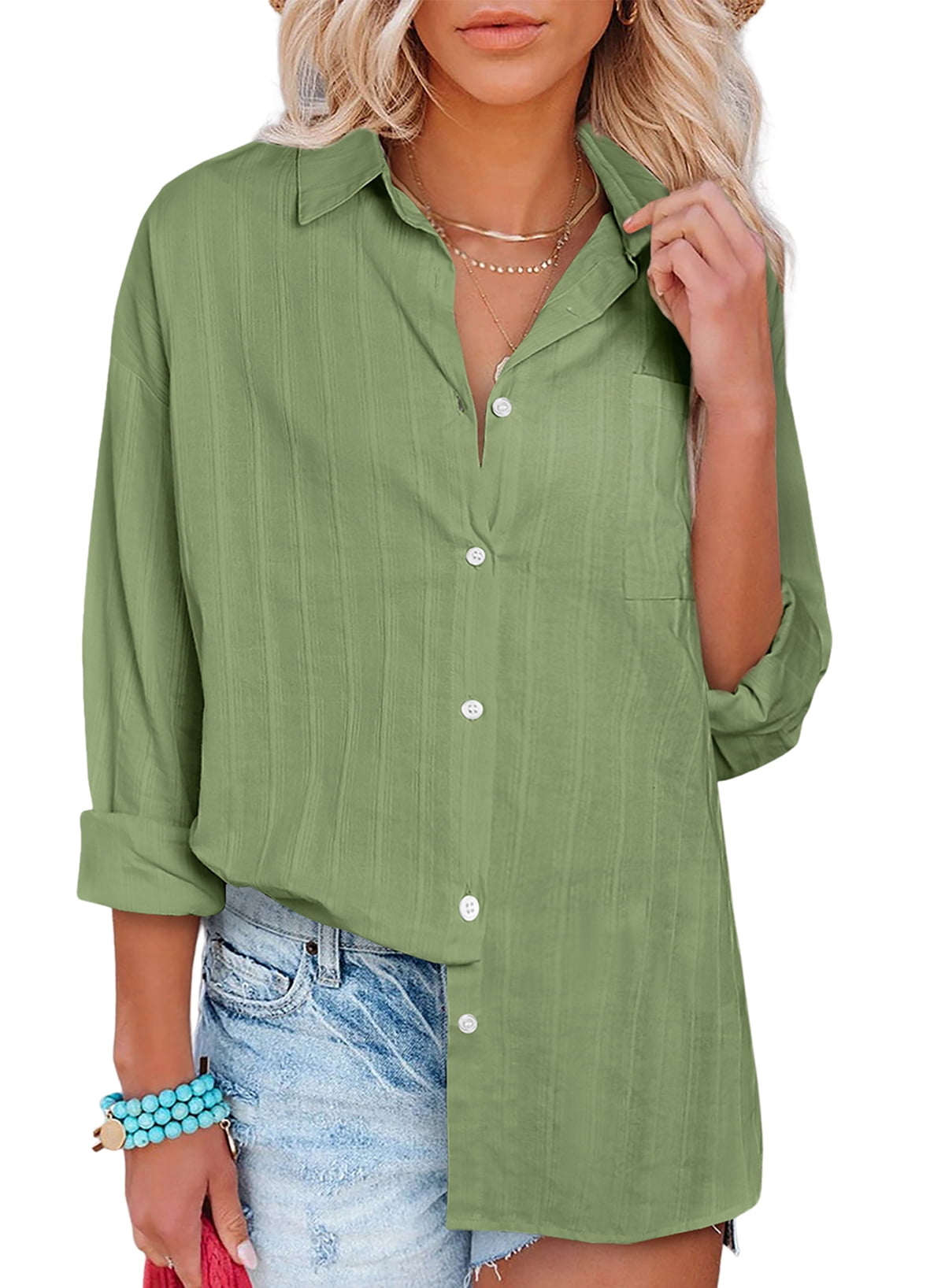 SHEWIN Button Down Shirts for Women Casual Linen Tops Long Sleeve Loose