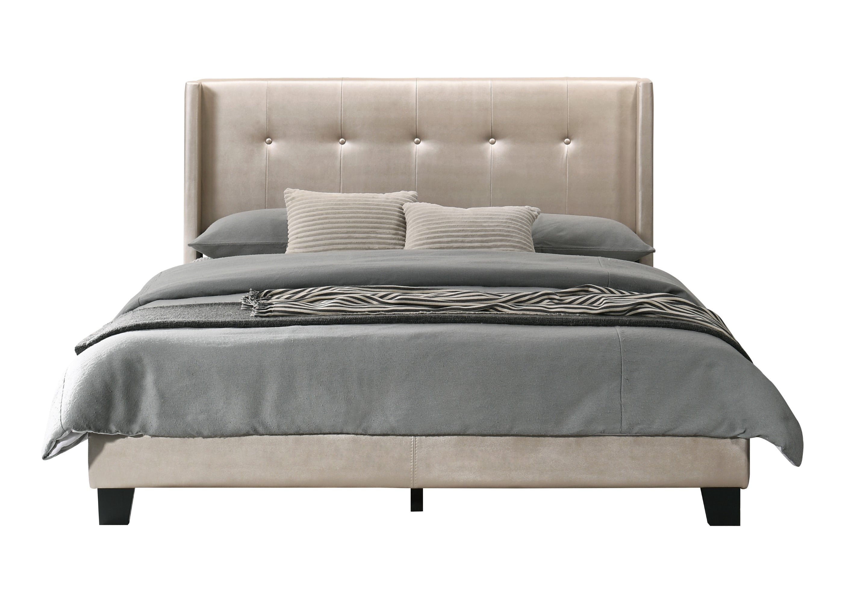 Home Design Evelyn King Upholstered Platform Bed Frame with Tufted Headboard and Wingback Design, Champagne, Easy Assembly