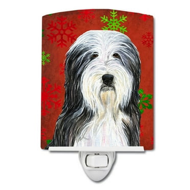 Caroline's Treasures SS4704CNL Bearded Collie Red and Green Snowflakes Holiday Christmas Ceramic Night Light, 6x4x3",