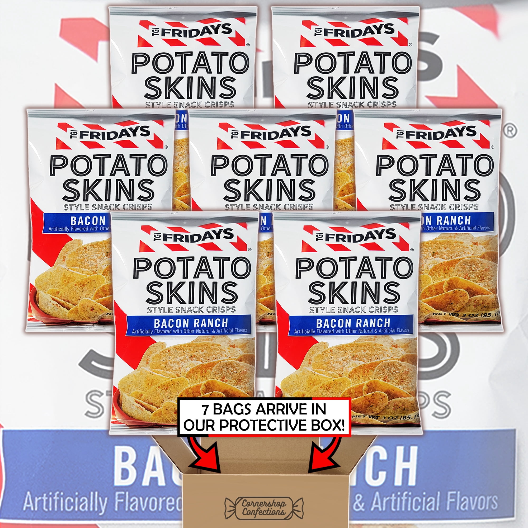 TGI Fridays Potato Skins Bacon Ranch Bundle Pack - 7 Individually Sealed Bags, Each 3 Ounces - Gluten-Free, Kosher - For Snacks, Lunches, Parties, Movie Nights - In Cornershop Confections Box