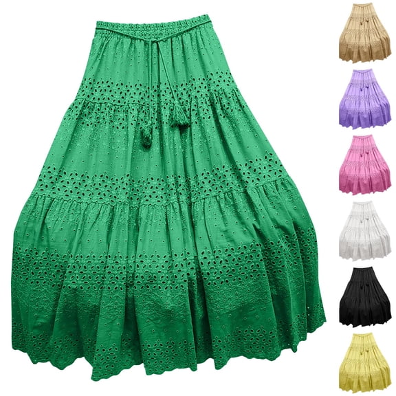 Bixock Women's Pleated Maxi Skirt,Casual Lace Cutout Skirt,Solid Color Heavy Duty High Waist Crochet Spliced Flared Skirt