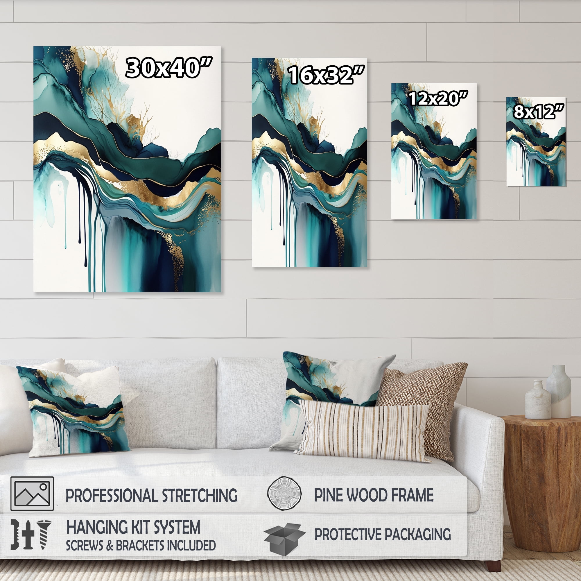 Designart Teal And Gold Abstract Expression IV Canvas Wall Art