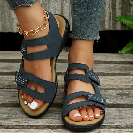 

Jsaierl Flat Sandals for Women Dressy Summer Flat Bottom Striped Shoes Lightweight Beach Sandals Casual Shoes Size 6.5