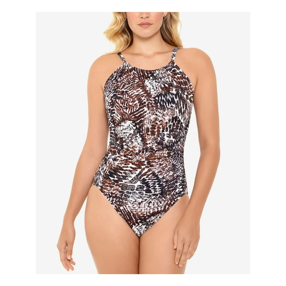 SWIM SOLUTIONS Women's Brown Printed Tummy Control Halter One Piece Swimsuit 10