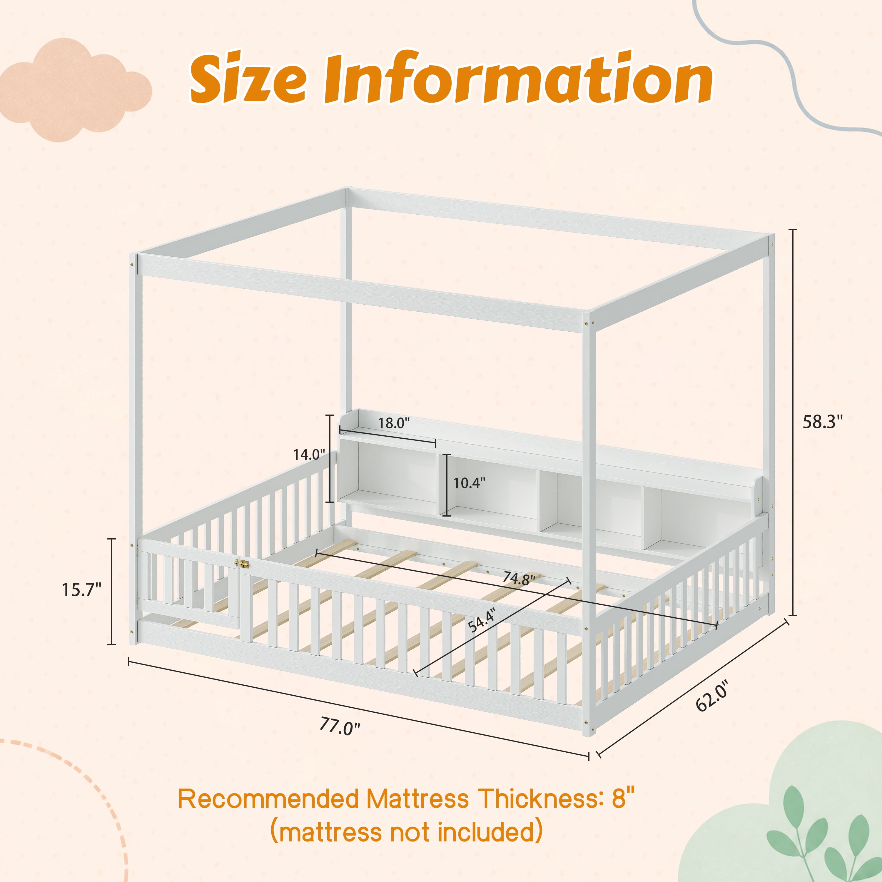 GARITIN Full Size Montessori Floor Bed, Headboard with Open Storage Cubbies, 4-Sided Guardrails with Access Door, Dual-Use Bed for Sleeping & Playing, White