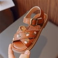 thumbnail image 6 of GiLiling Girls Open-Toe Sandals, Floral Embroidery Adjustable Buckle Ankle Strap, PU Upper Non-Slip TPR Flat Sole, Summer Casual Sandals (Brown, 10-10.5 Years), 6 of 9