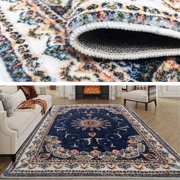 SUSUZI 5x7 Area Rug, 5.3' x 7.5' Boho Floral Vintage Rug for Living Room Bedroom, Washable Low Pile Non Slip Carpet, Soft Indoor Rug for Dining Room Home Decor, Blue