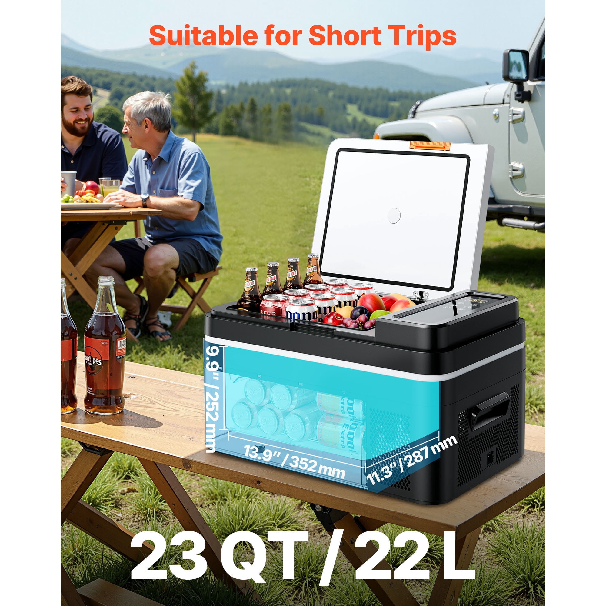 KFFKFF Portable Car Refrigerator, DC 12/24V AC100-240V Compressor Cooler, -4°F to 68°F Fridge with APP Control, 23 QT Freezer for RVs, Campsites, Boats, Camping, Fishing, 45W Electric Cooler