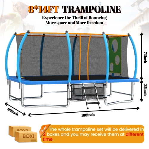 8x14ft Rectangle Trampoline for Gymnastics and Tumbling, Heavy Duty Outdoor Trampoline with Safety Net & Ladder, 440 Lbs Capacity, High-Bounce Recreational Trampoline for Backyard