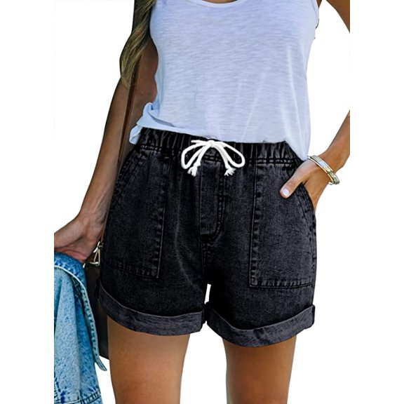 WOLFYKEJI Jean Shorts Womens High Waisted Teen Girls Casual Summer Drawstring Jeans Women Stretchy Folded Hem Mom Jeans Black Jeans Womens Medium