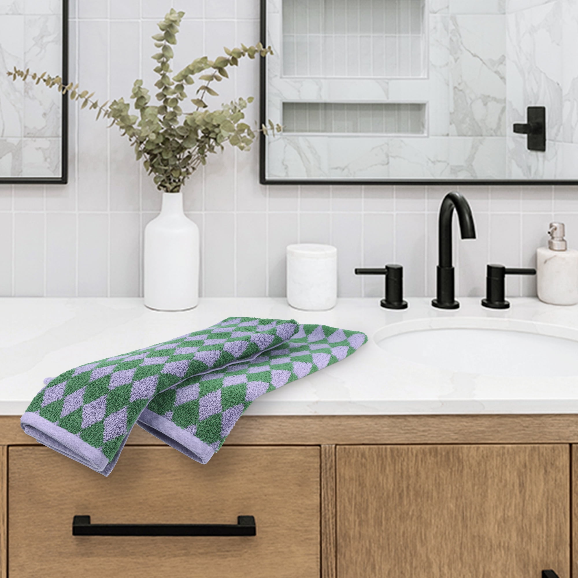 Unique Bargains Checkered Cotton Hand Towels for Bathroom Kitchen Blue Green 4-Piece