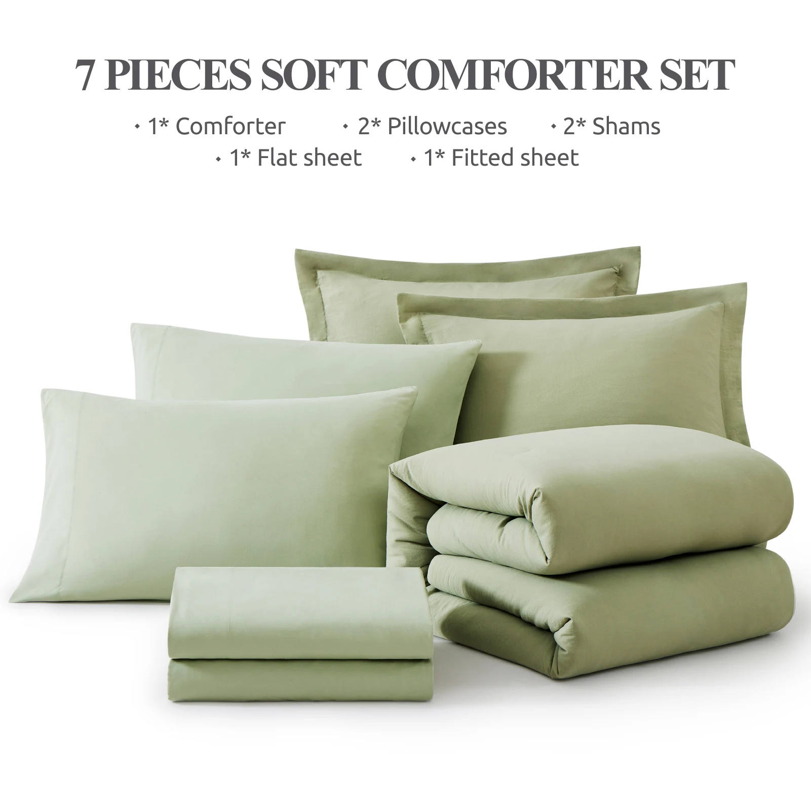 Amberspace Prewashed fabric 7-piece Bed in a Bag Comforter Set with Sheets,Sage green,King