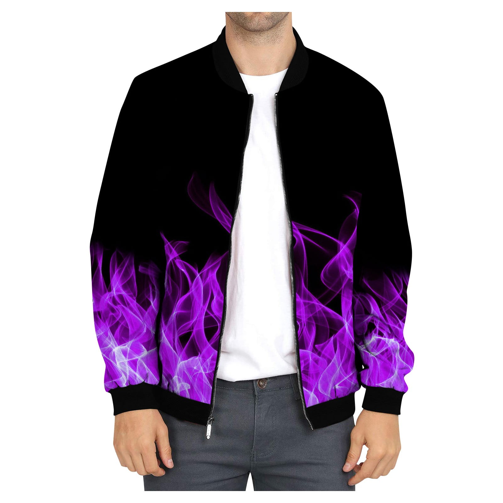 QWERTYU Men's Full Zip Plus Size Bomber Jacket V Neck Winter Long Sleeve  Coats Purple XL
