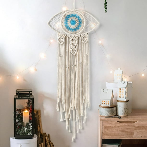 Atrapasueños boho grande, macramé con forma de ojo malvado para colgar en la pared, tejido para dormitorio, hogar, dormitorio, adorno para habitación (beige)