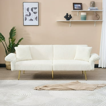 79 Inch Corduroy Sofa Bed, Foldable Double Sofa Bed with Folding Armrests, Suitable for Living Rooms and Small Spaces, White
