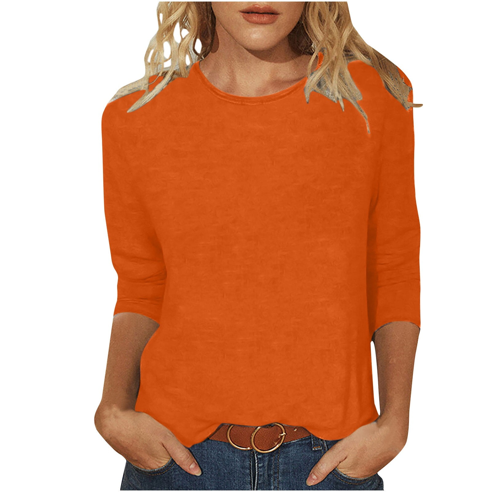 jovati 3 4 Sleeve Tops for Women Womens Fashion Solid T Shirt Mid Length 3 4 Sleeves Blouse Round Neck Casual Tops Cotton T Shirts Women T Shirts for
