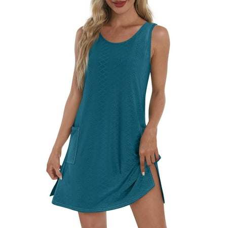 UoCefik Womens Swimsuit Coverup Hollow Out Bathing Suit Cover Up Sleeveless Bikini Beach Cover Up Tank Dress Blue M