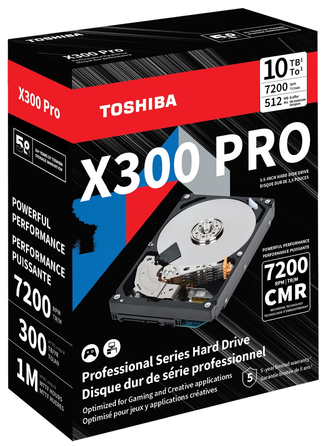 Toshiba X300 PRO 10TB High Workload Performance for Creative Professionals 3.5-Inch Internal Hard Drive – Up to 300 TB/Year Workload Rate CMR SATA 6 GB/s 7200 RPM 512 MB Cache - HDWR71AXZSTB