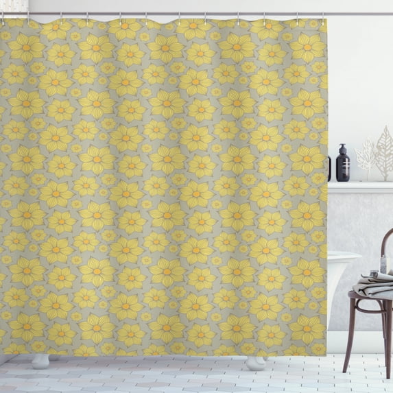 Floral Shower Curtain, Hand-Drawn Doodle Yellow Floral Petals in Various Sizes on Grey Background Print, Fabric Bathroom Set with Hooks, 69W X 70L Inches, Multicolor, by Ambesonne