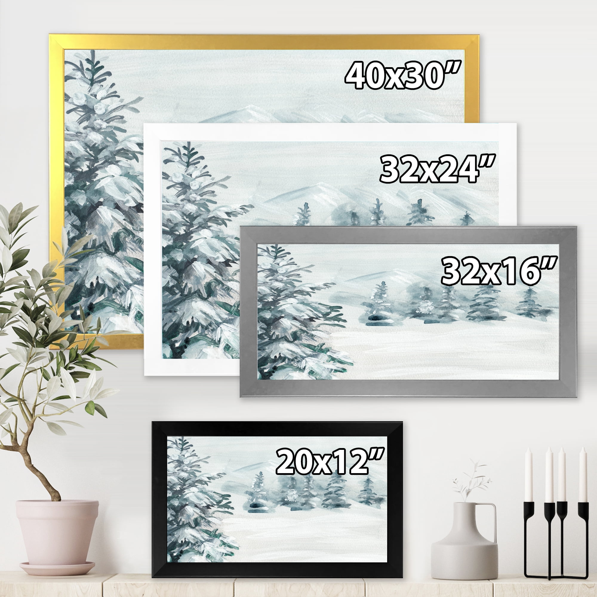 Designart 'Snowy Pine Trees On Mountain' Traditional Framed Art Print
