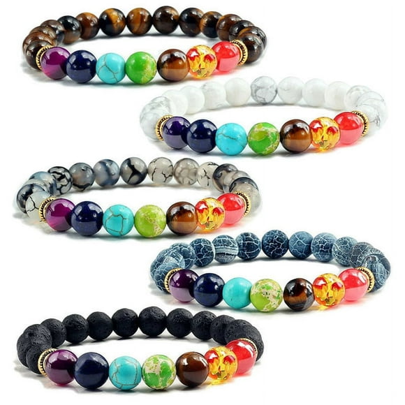 SHTUUYINGG Bracelet en Pierre Volcanique 5 Pcs 7 Couleurs Perles Chakra, Bracelet Aromathérapie Huile Essentielle, Couleur Pierre de Lave