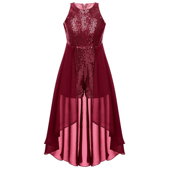 iEFiEL Kids Girls Chiffon Skirt Overlay Sequins Jumpsuit Romper Sleeveless Wedding Bridesmaid Birthday Party Dress Burgundy 6