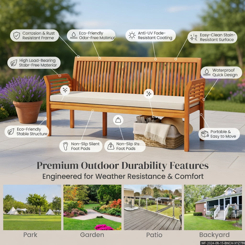 Hommoo 3-Seat Acacia Wood Patio Bench with Off-White Cushions, 62.5" Outdoor Garden Bench for Backyard, Porch & Deck, Natural