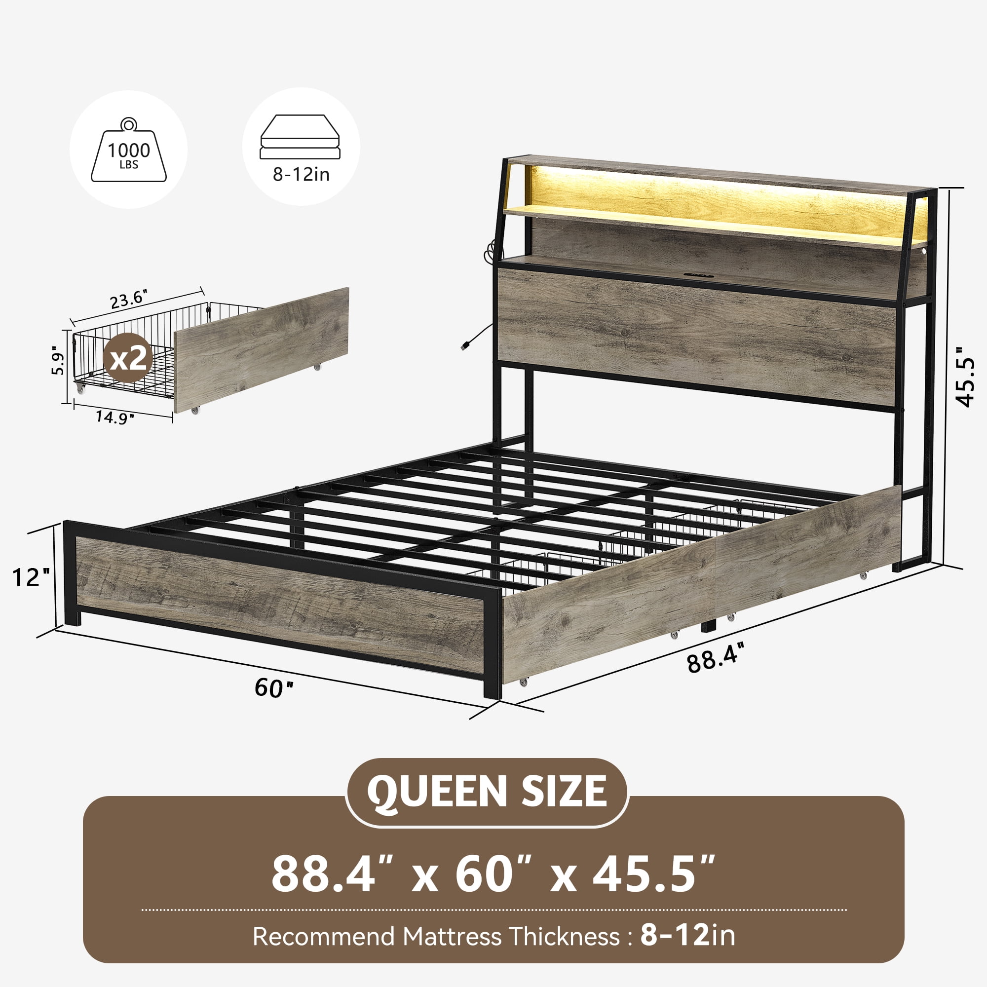 GUNAITO Queen Bed Frame with 2 Drawers Headboard Platform Bed Frame with LED Lights Charging Station Gray