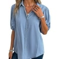 thumbnail image 4 of Button Down Shirts for Women! Yigetop Comfortable Casual Puffed Sleeve Solid Color Shirt Short Sleeve Button Up Women Sky Blue L, 4 of 4
