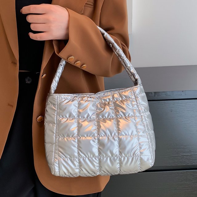 Bolso de mano acolchado para mujer, bolso de mano de algodón a cuadros a la moda, portátil para viajes (plata)