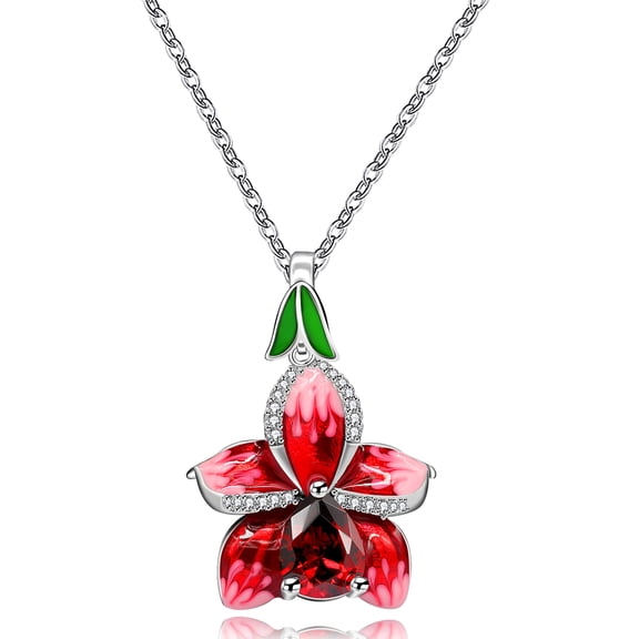 Uloveido Unique Beautiful Enamel Red Rose Flower Pendant Teardrop Cubic Zirconia Stone Necklace Y563 (Red)