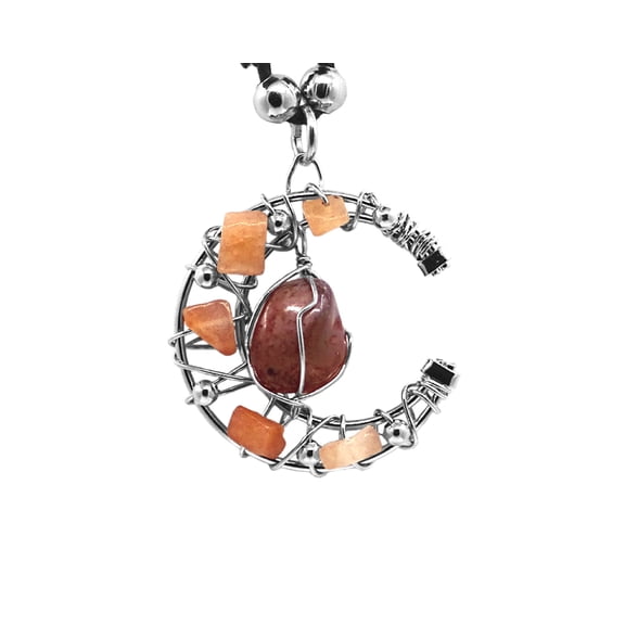 Crescent Half Moon Silver Metal Wire Wrapped Tumbled Healing Gemstone Crystal Pendant Adjustable Necklace - Womens Fashion Handmade Celestial Jewelry Boho Accessories