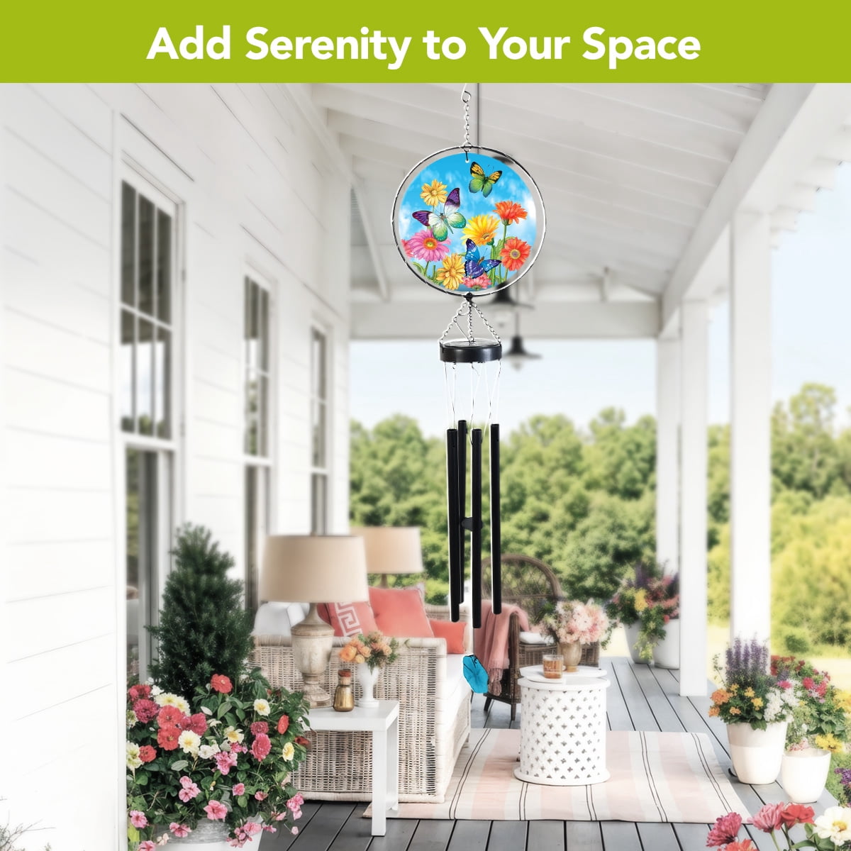 Briarwood Lane Spring LED Illuminated Solar Powered Glass Suncatcher  Wind Chime 37x8 Welcome Butterflies For Spring Wind Chime For Outdoors Melodic Metal Windchimes Wind-Chimes