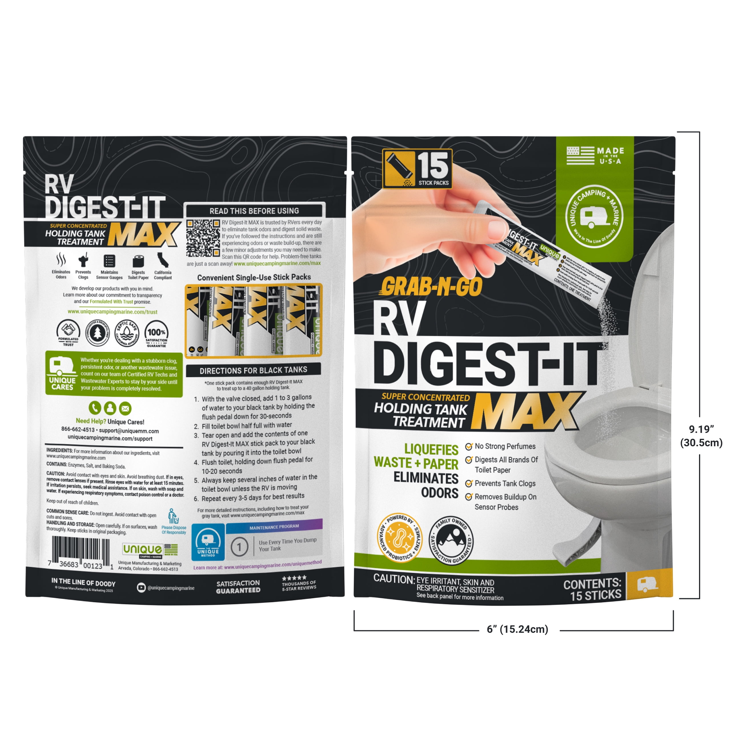 Unique RV Digest-It Max RV Toilet Treatment Stick Packs, 15 Count Grab-and-Go RV Tank Treatment, No-Mess, Pre-measured, Liquefies Waste and Paper, Odor Eliminator