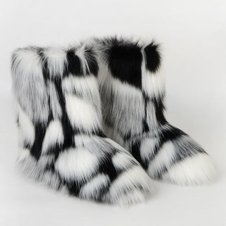 

XWQWJH Women Furry Boots Fluffy Fuzzy Snow Boots Winter Warm Comfortable Mid-calf Boot Outdoor Flat Shoes
