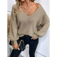 thumbnail image 4 of Women Off the Shoulder V Neck Sweater Top Fitted Long Sleeve Shirt Tie Back Sweater Light Beige L, 4 of 9