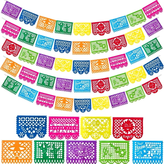 AUQ 5 Pack 75 Feet Mexican Party Banners,9 Patterns Plastic Papel Picado Banner Dia De Los Muertos Decorations Day of The Dead Decorations Fiesta Party Decorations Mexican Themed Party Supplies