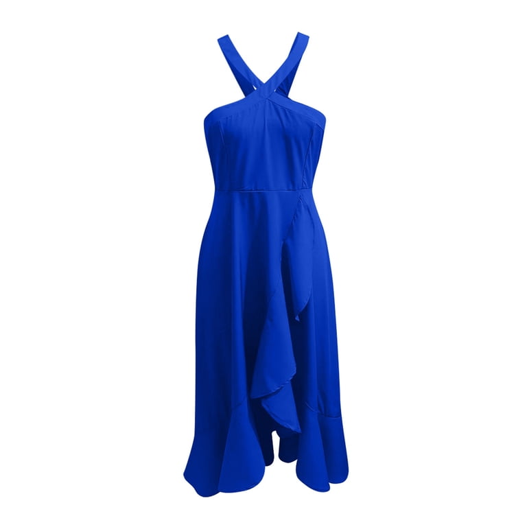 Jamsmile Womens Dress Solid Color Halter Cross Strap Ruffles Hem High Split  Party Long Dresses Elegant Ladies Slim Fit Party Dress - Walmart.com