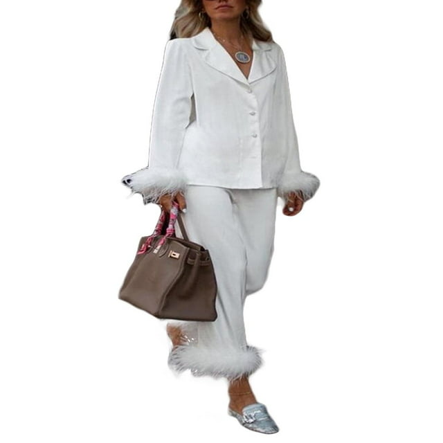 QJUHUNG Pyjama pour Femmes, Garniture en Plumes, Vêtement de Nuit Confortable et Doux, Ensemble de Pyjama Long à Boutons, Ensemble de Pyjama