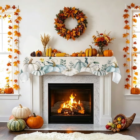 White Blue Pumpkin Fireplace Mantel Scarf Fall Leaves Farmhouse Vintage Linen Mantel Scarf Scarves Fireplace Top Runner Cover for Holiday Party Home Decorations 60x17in