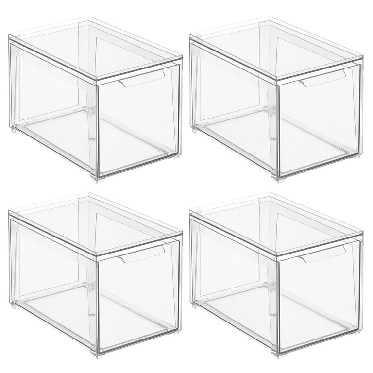 mDesign Clarity Plastic Stacking Closet Storage Organizer Bin with Drawer,  Clear - 8 x 12 x 4, 4 Pack