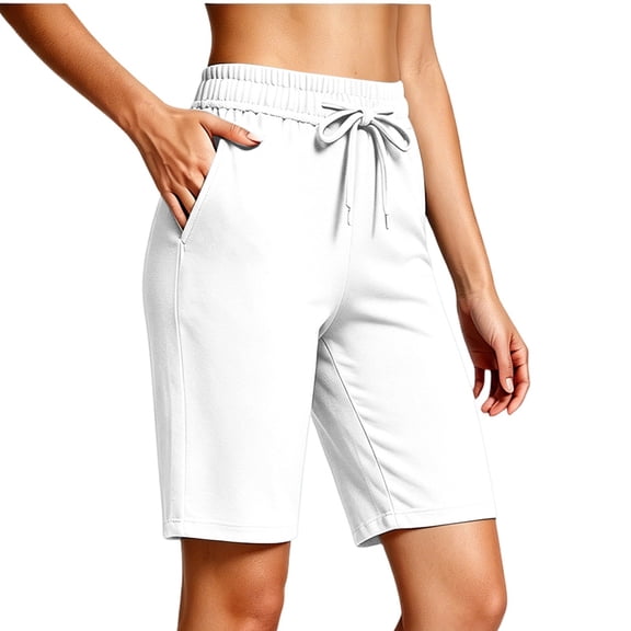 Cagogo Women Drawstring High Waisted Bermuda Shorts with Pockets Casual Solid Lounge Pants Summer Vacation Beach Travel Workout Clothes, White M