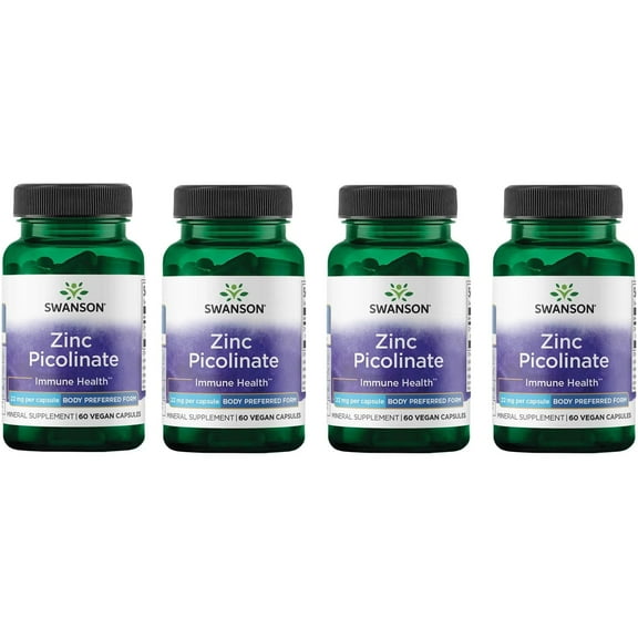 Swanson Zinc Picolinate - Mineral Supplement Promoting Prostate Health, Vision Health, & Immune Support - Body Preferred Form of Chelated Zinc - (60 Capsules, 22mg Each) 4 Pack