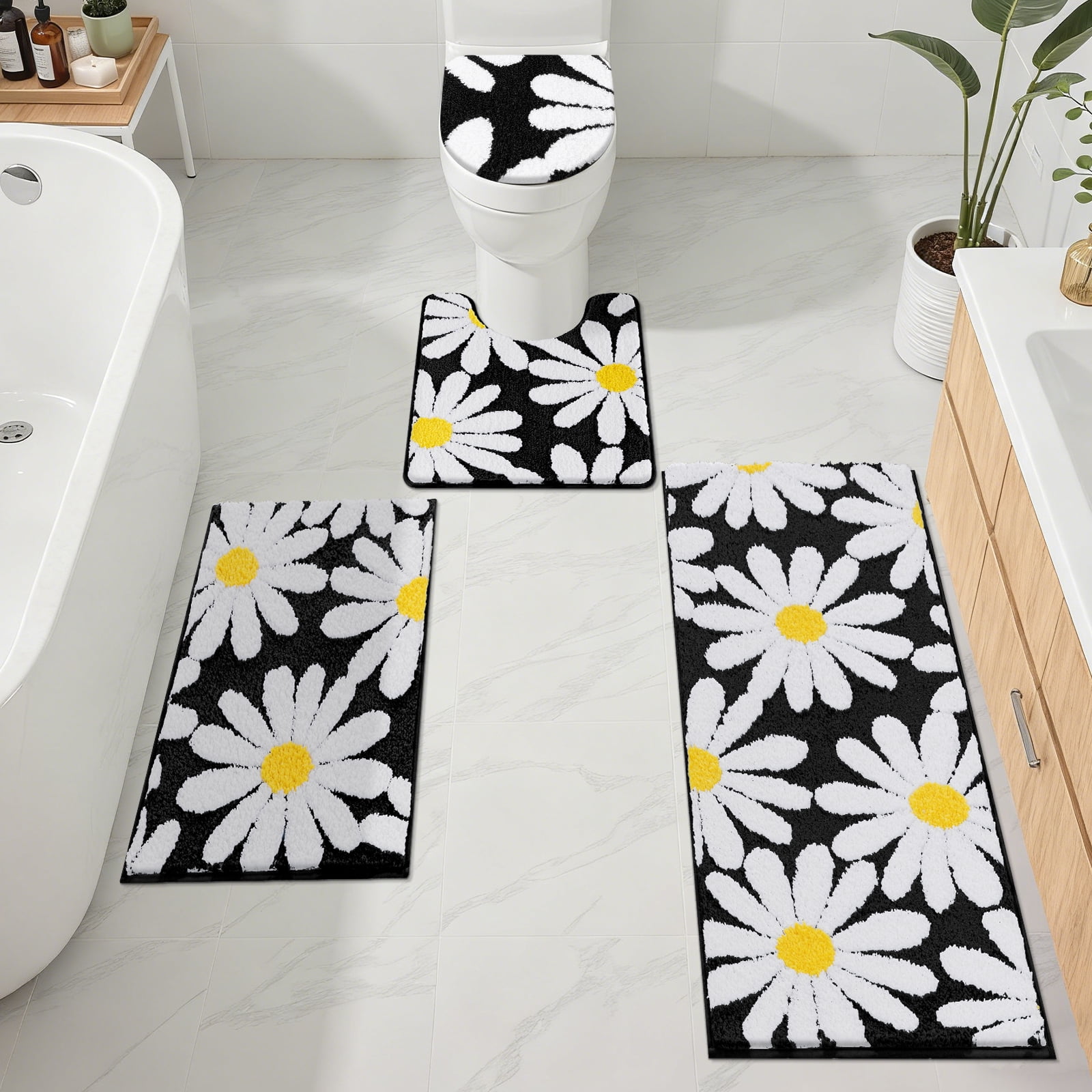 Bathroom Rugs Sets 4 Piece with Toilet Lid Cover, Non Slip Bathroom Mats Extra Soft Bath Rugs Absorbent Shaggy Rugs Perfect Plush Mats U-Shaped Toilet Rug and Toilet Cover