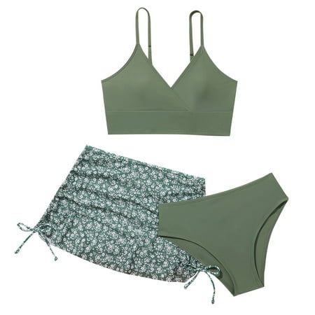 Baby Girl Swimwear 3 Piece Swimsuit Bathing Suit Cute Floral Print Bikini Set With Skirt Baby Girl Swimsuit Green 11 Years-12 Years