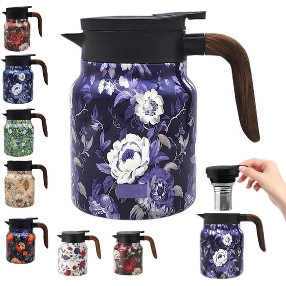 Vintage Floral Pattern Tea Pots – Built-in Infuser,Vintage Floral Teapot with Built In Infuser Stainless Steel Thermal Carafe with Lid for Hot Drinks