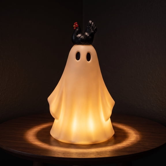 Halloween Lighted Ghost Statue with Black Chicken Accent 7.09 Inch Warm LED Tabletop Figurine for Fall Indoor Home Decor and Halloween Party Supplies