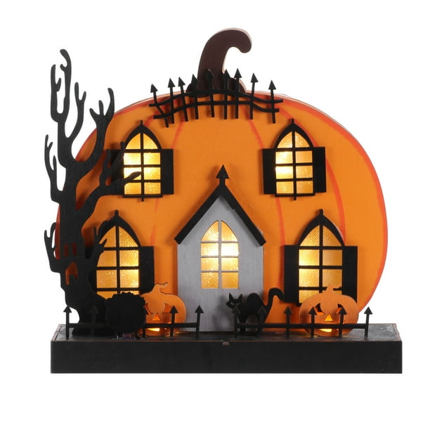 Casa De Calabaza De Halloween Led Decoración Creciente Casa De Calabaza Iluminada De Madera Estatua Casa De Calabaza Decorativa Artesanía Luminosa Para Gabinete De Escritorio De Halloween Serendint HA014231-00