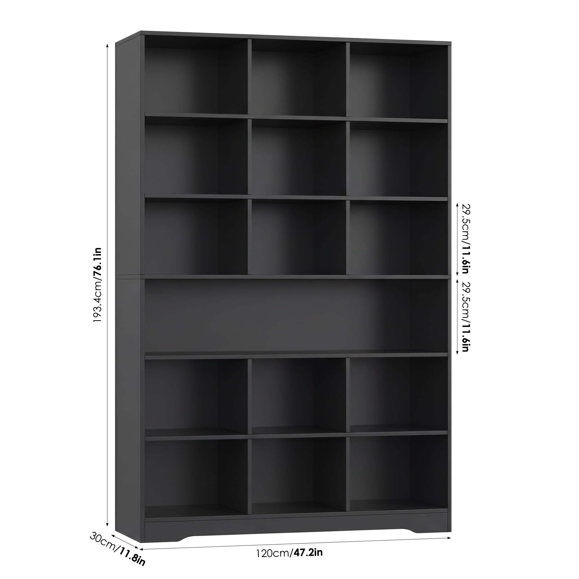 Hiphuta 76"H x 47"W Wood 6-Tier Standard Bookcase, Tall Bookcase for Bedroom, Freestanding 18 Cubes Display Storage Shelves, Living Room and Office, Black